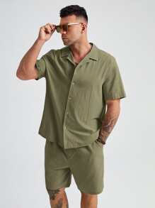 Manfinity VCAY Men Plus Cotton Solid Button Front Shirt & Shorts - Army Green - View 1