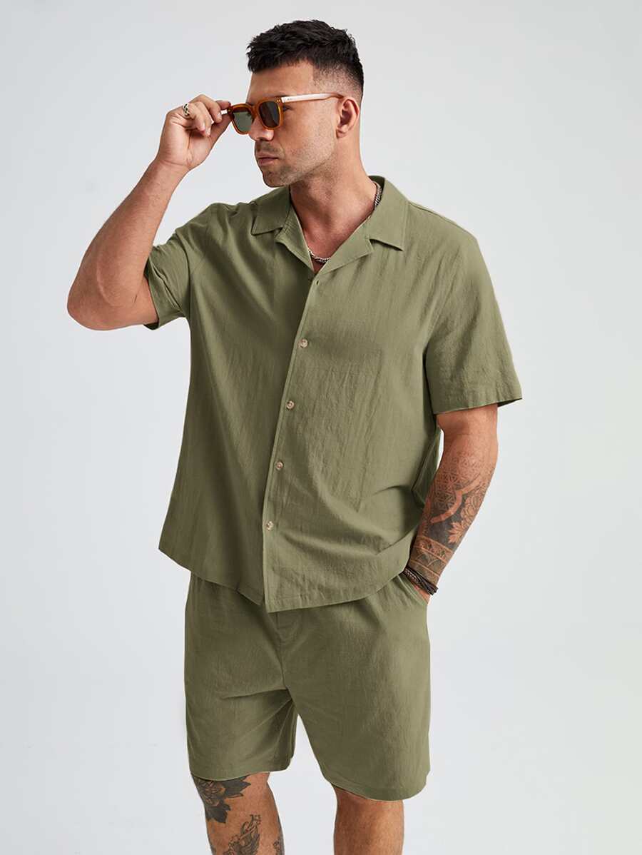 Manfinity VCAY Men Plus Cotton Solid Button Front Shirt & Shorts - Army Green - View 1