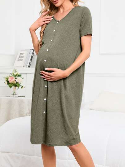 Moonlight & Mama Maternity Button Front Nursing Lounge Dress For Mother