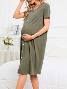 Moonlight&Mama Maternity Button Front Nursing Lounge Dress For Mother - Army Green - View 3