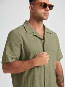 Manfinity VCAY Men Plus Cotton Solid Button Front Shirt & Shorts - Army Green - View 4
