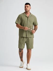 Manfinity VCAY Men Plus Cotton Solid Button Front Shirt & Shorts - Army Green - View 5