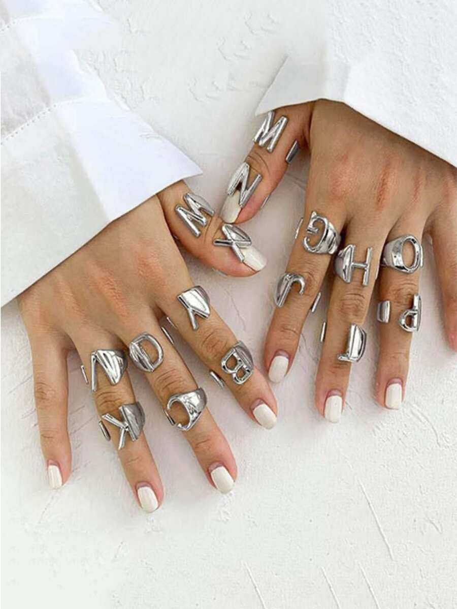 1 chiếc nhẫn trang trí chữ cái - Bạc - Xem 1