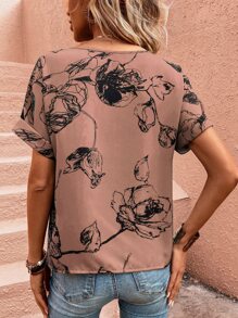 SHEIN LUNE Floral Print Batwing Sleeve Blouse - Khaki - View 2