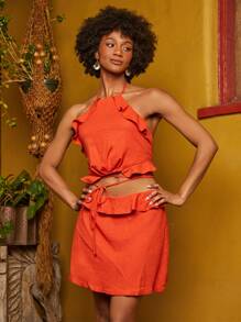 SHEINNeu Ruffle Trim Tie Backless Halter Top & Skirt - Orange - View 1