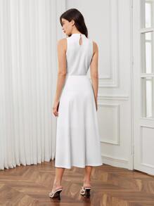 BizChic Solid Mock Neck Sleeveless Dress Without Belt - White - View 2