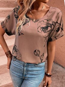 SHEIN LUNE Floral Print Batwing Sleeve Blouse - Khaki - View 4