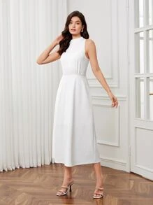 BizChic Solid Mock Neck Sleeveless Dress Without Belt - White - View 5