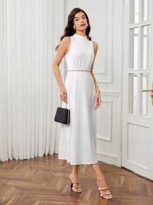 BizChic Solid Mock Neck Sleeveless Dress Without Belt - White - View 7