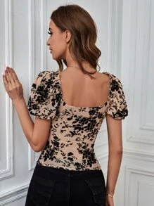 SHEIN Privé Floral Print Sweetheart Neck Puff Sleeve Ruched Mesh Tee - Multicolor - View 2