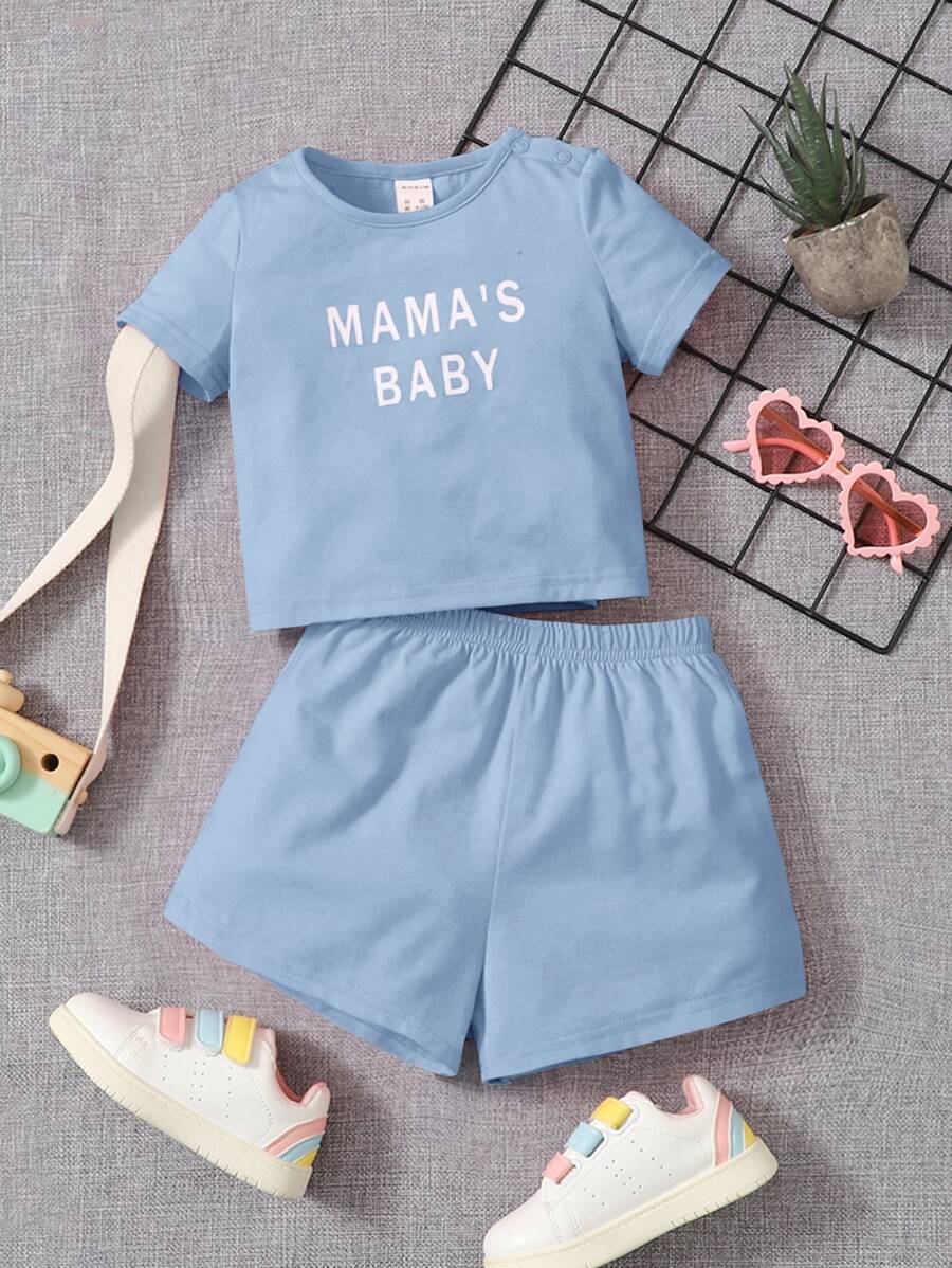 SHEIN Bộ đồ Em bé Lá thư - Màu xanh nhạt - Xem 1