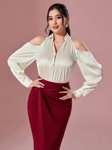 Modelyn Cold Shoulder Button Front Shirt - Beige - View 4