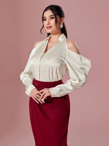 Modelyn Cold Shoulder Button Front Shirt - Beige - View 5