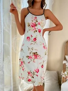 Floral Print Contrast Binding Cami Pajama Nightdress Perfect For Summer, Vacation