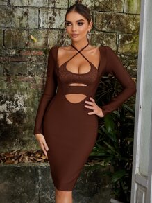十字交叉前鏤空蕾絲拼接繞頸緊身連衣裙 - 咖啡棕 - 查看 1