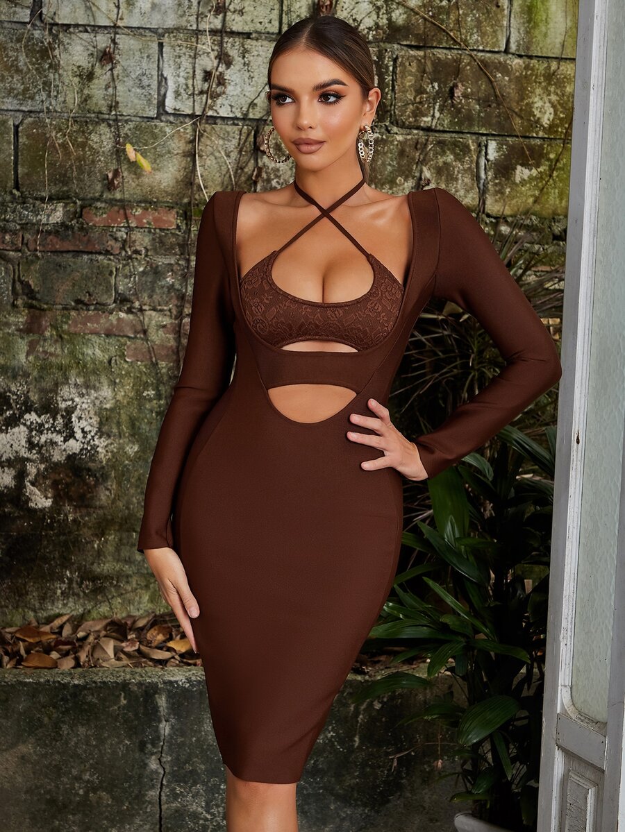 十字交叉前鏤空蕾絲拼接繞頸緊身連衣裙 - 咖啡棕 - 查看 1