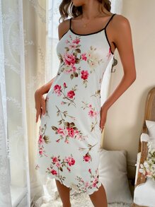 Floral Print Contrast Binding Cami Pajama Nightdress Perfect For Summer, Vacation