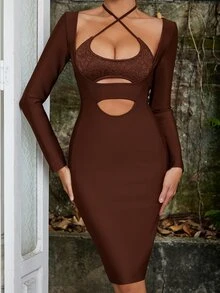 十字交叉前鏤空蕾絲拼接繞頸緊身連衣裙 - 咖啡棕 - 查看 5