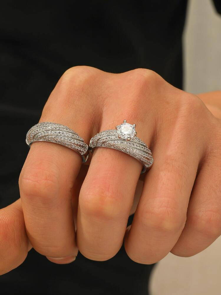 2pcs Cubic Zirconia Decor Ring - Silver - View 1