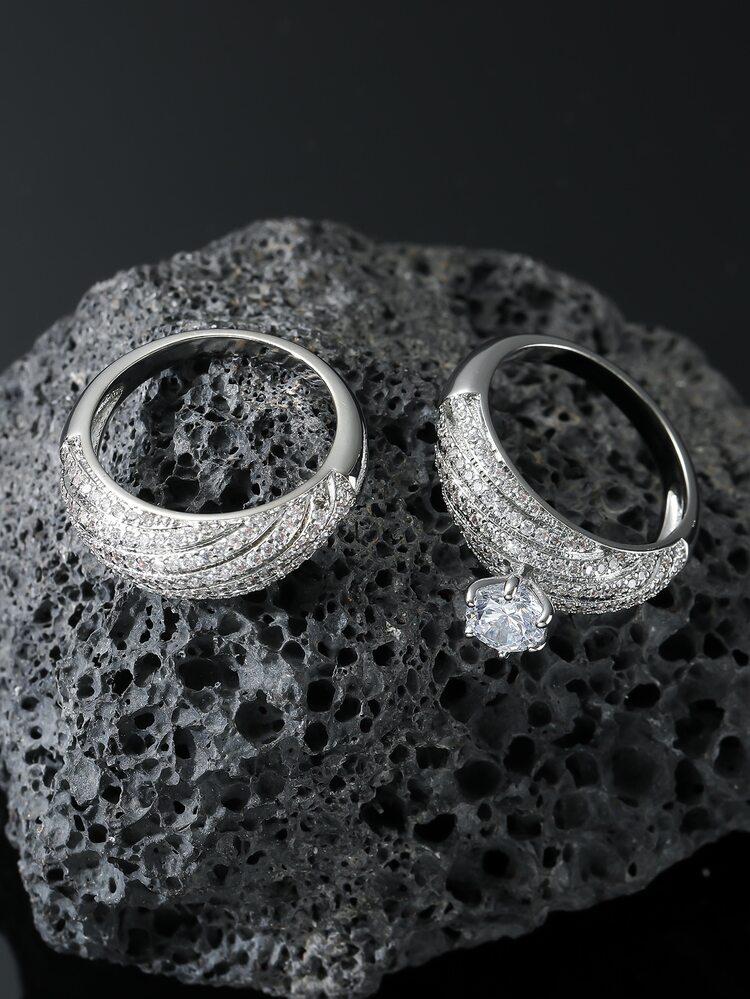 2pcs Cubic Zirconia Decor Ring - Silver - View 3