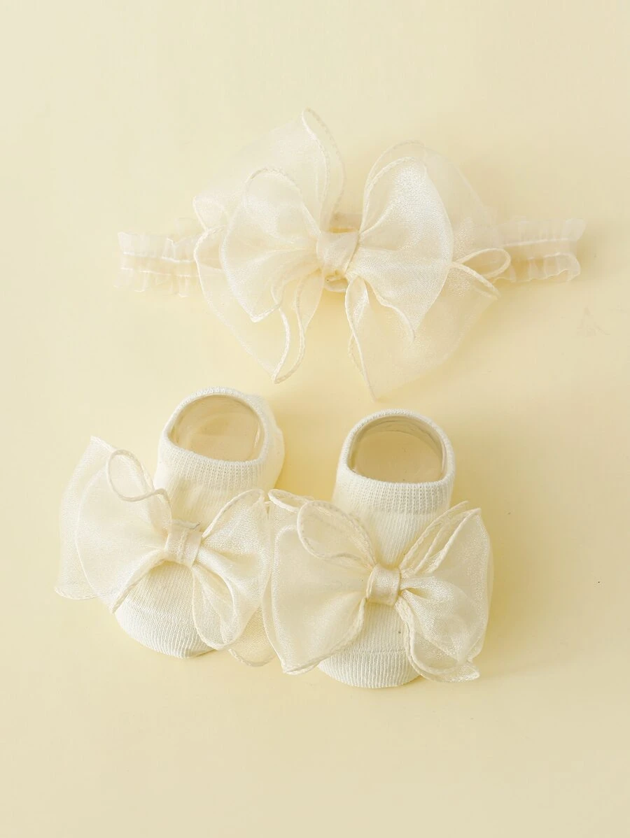 1pair Baby Bow Decor Socks & 1pc Hair Band - Beige - View 1