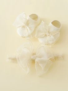 1pair Baby Bow Decor Socks & 1pc Hair Band - Beige - View 2