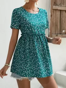 SHEIN Maternity Ditsy Floral Print Frill Trim Peplum Blouse - Multicolor - View 1