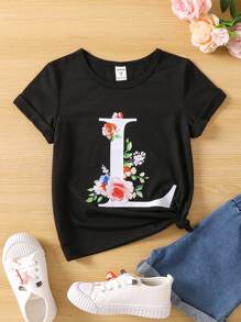 SHEIN Young Girl Black Cute T-shirt With Flower Print & Letter Detail, Round Neck And Regular Sleeve For Summer - Black - View 1