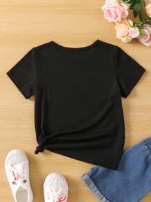 SHEIN Young Girl Black Cute T-shirt With Flower Print & Letter Detail, Round Neck And Regular Sleeve For Summer - Black - View 2