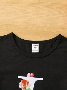 SHEIN Young Girl Black Cute T-shirt With Flower Print & Letter Detail, Round Neck And Regular Sleeve For Summer - Black - View 3