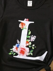 SHEIN Young Girl Black Cute T-shirt With Flower Print & Letter Detail, Round Neck And Regular Sleeve For Summer - Black - View 4