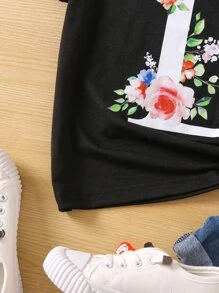SHEIN Young Girl Black Cute T-shirt With Flower Print & Letter Detail, Round Neck And Regular Sleeve For Summer - Black - View 5