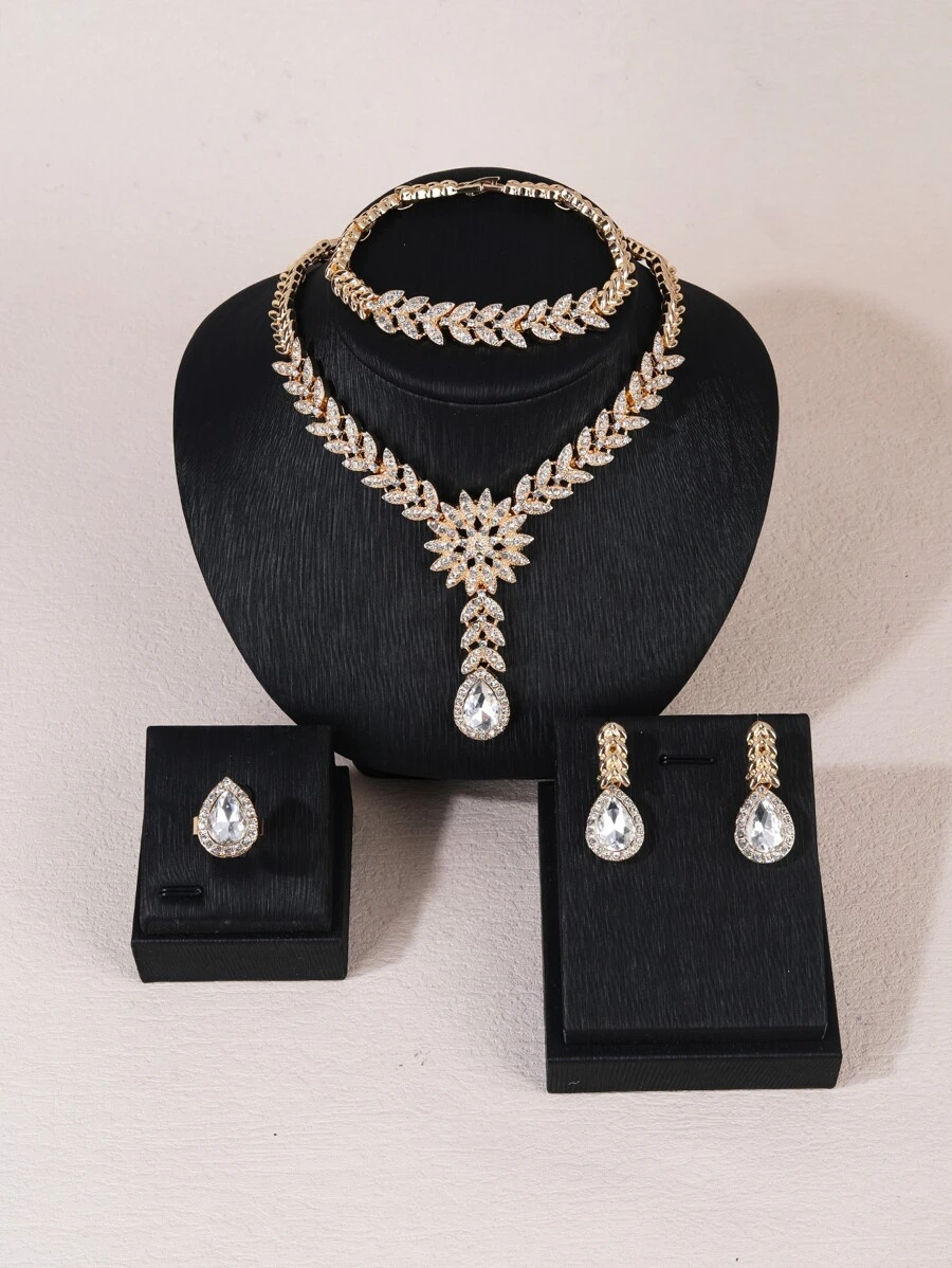 Bộ 5 món trang sức cưới thanh lịch dành cho phụ nữ, phụ kiện tiệc đính hôn cô dâu, vòng cổ, vòng tay, nhẫn, hoa tai hình lá pha lê mạ vàng kèm hộp quà tặng cho người yêu - Nhiều màu - Xem 1