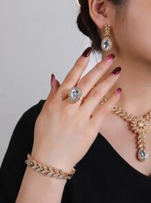 Bộ 5 món trang sức cưới thanh lịch dành cho phụ nữ, phụ kiện tiệc đính hôn cô dâu, vòng cổ, vòng tay, nhẫn, hoa tai hình lá pha lê mạ vàng kèm hộp quà tặng cho người yêu - Nhiều màu - Xem 2