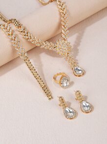 Bộ 5 món trang sức cưới thanh lịch dành cho phụ nữ, phụ kiện tiệc đính hôn cô dâu, vòng cổ, vòng tay, nhẫn, hoa tai hình lá pha lê mạ vàng kèm hộp quà tặng cho người yêu - Nhiều màu - Xem 3