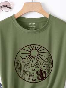 SHEIN LUNE Áo thun nữ Đồ họa Giải trí - xanh quân đội - Xem 4