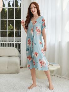 印花蝙蝠袖睡裙