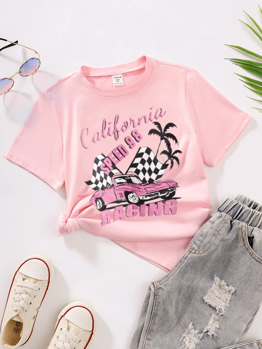 SHEIN 女孩汽車和字母圖案T恤 - 粉色 - 查看 1