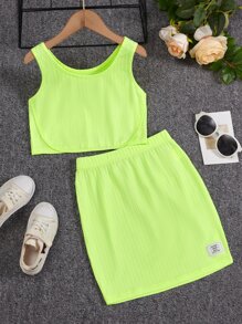 SHEIN Girls Ribbed Knit Tank Top & Letter Patched Detail Skirt - Lime Green - View 1