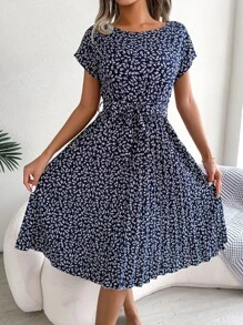 Ditsy Floral Print Batwing Sleeve Pleated Hem Belted Dress - Blue and White - View 1