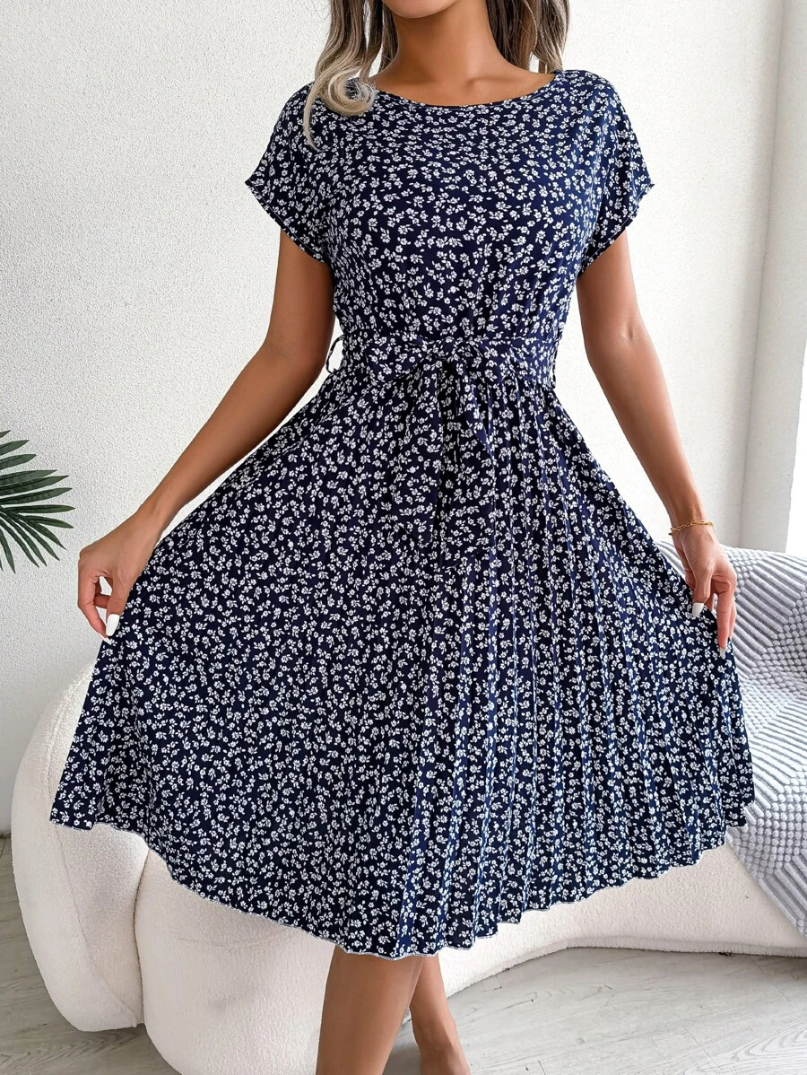 Ditsy Floral Print Batwing Sleeve Pleated Hem Belted Dress - Blue and White - View 1