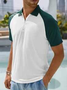 Manfinity Hombres Camisa polo de color combinado de manga raglán con cremallera cuarta - Verde - Ver 1