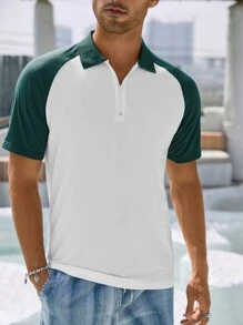 Manfinity Hombres Camisa polo de color combinado de manga raglán con cremallera cuarta - Verde - Ver 3
