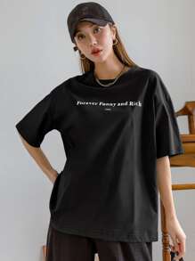 DAZY 標語圖案落肩T恤 - 黑色 - 查看 3