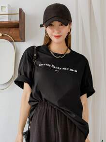 DAZY 標語圖案落肩T恤 - 黑色 - 查看 5