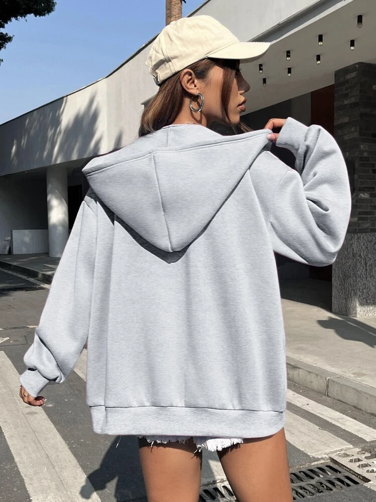 SHEIN EZwear Sudadera con capucha con cierre de cremallera, hombros caídos y forro térmico con gráfico de letras para otoño/invierno - Gris Claro - Añade 2
