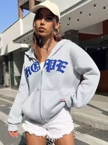 SHEIN EZwear 秋冬字母图案拉链落肩保暖内衬连帽衫