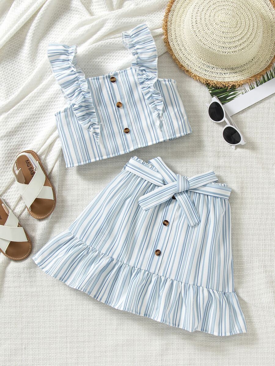 Toddler Girls Striped Ruffle Trim Top & Skirt - Blue and White - View 1