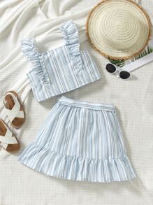 Toddler Girls Striped Ruffle Trim Top & Skirt - Blue and White - View 2