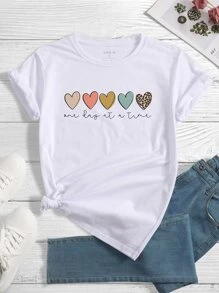 INAWLY Heart And Slogan Graphic Tee One Day At A Time Graphic Tees Women Tops - White - View 1
